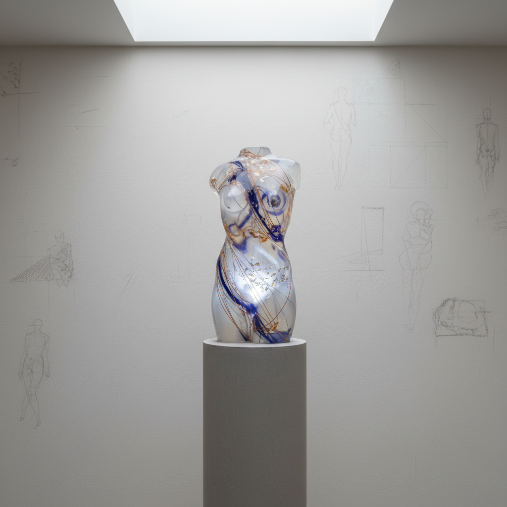 A tall, narrow plinth supports a twisted, semi-transparent resin form that suggests a torso without limbs or head, its surface embedded with fine threads, pigment swirls, and tiny metal shavings. The sculpture stands in front of a softly textured, off-white wall bearing faint charcoal smudges and ghostly, erased outlines of previous studies. A cool, diffused skylight from above creates a gentle, even glow inside the resin, making internal inclusions shimmer subtly. Photographic realism, captured at mid-distance with a clean, centered composition and plenty of negative space. The mood is quietly enigmatic and sophisticated, emphasizing the figure humaine as a luminous, incomplete presence materialized through layered substances.