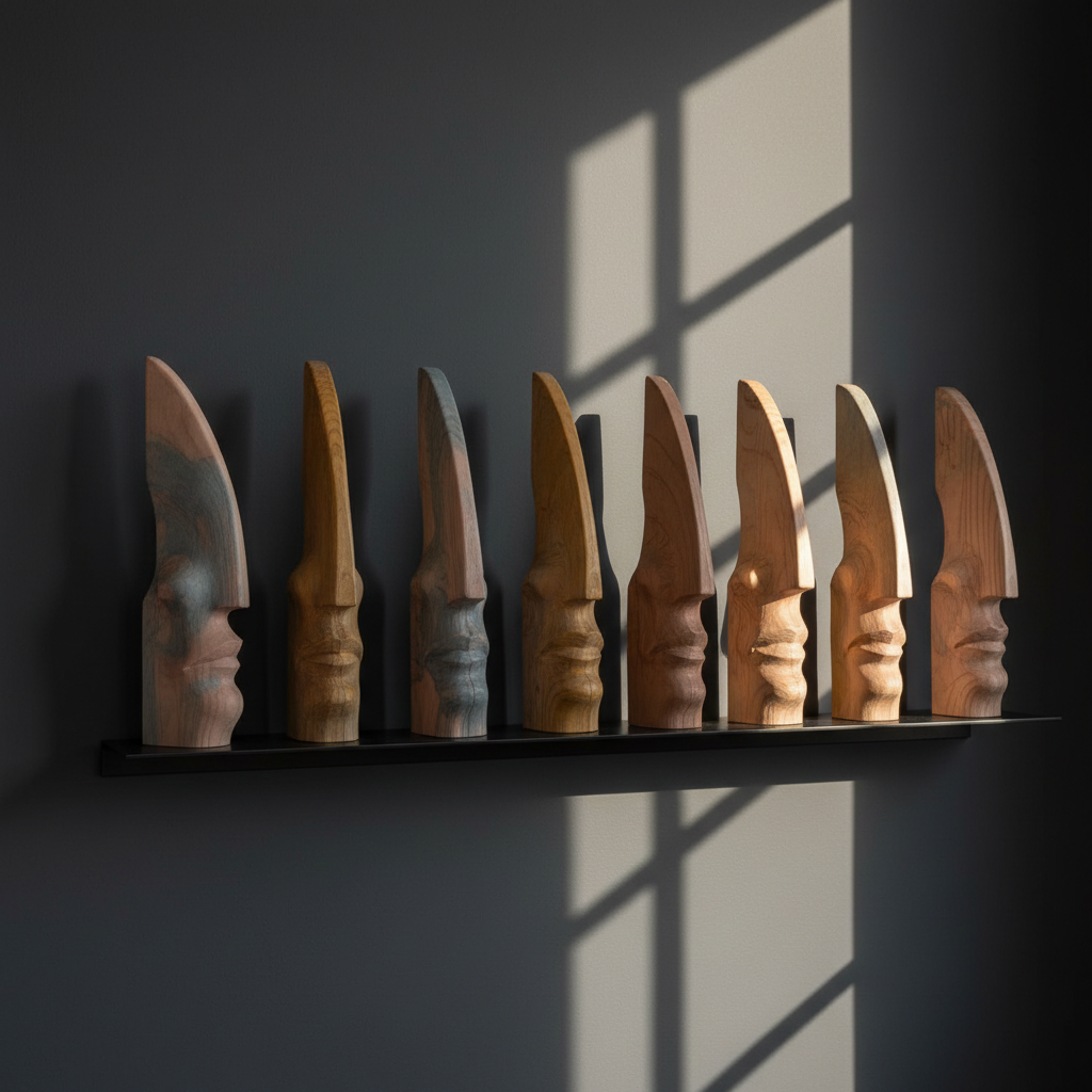 A series of elongated wooden blocks, each carved with a different abstract curvature suggesting a cheekbone, jawline, or brow ridge, stand vertically on a narrow black steel shelf against a deep charcoal wall. The wood grain is visible beneath thin layers of muted pigments—dusty blues, ochres, and pale flesh tones—applied in translucent washes. Narrow beams of late afternoon light enter from an unseen window, creating precise, parallel shadows that rhythmically repeat the vertical forms. Photographic realism, captured in a wide yet intimate composition following the rule of thirds, with crisp focus throughout. The atmosphere feels contemplative and museum-like, translating the human figure into a quiet architecture of forms and materials.