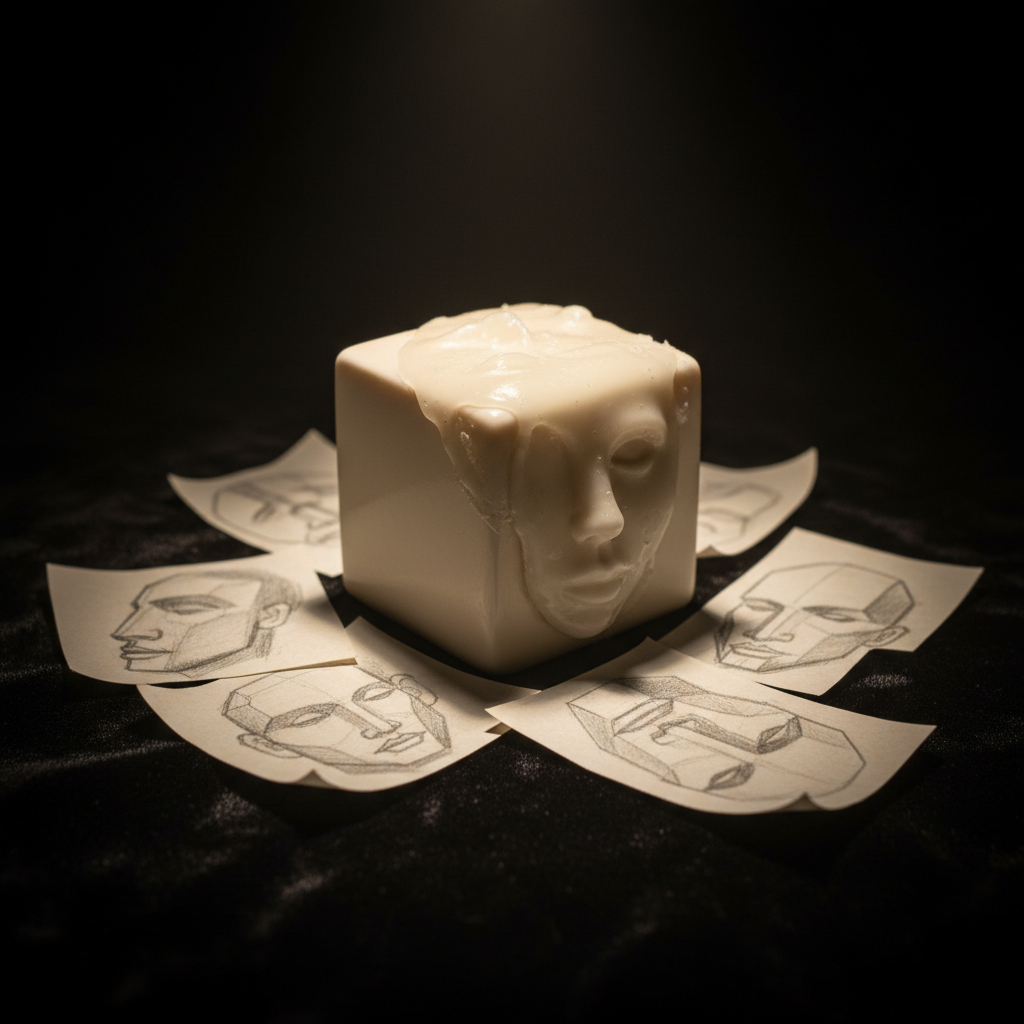 On a dark, velvety tablecloth, a small porcelain cube is partially wrapped in a thin, translucent layer of poured wax sculpted into the vague contours of a face: a hint of brow, a hollow suggesting an eye socket, a soft protrusion where lips might be. Hairline air bubbles and subtle imperfections are visible within the wax. Around it lie scattered graphite sketches of geometric heads, slightly curled at the edges. A single warm spotlight from above creates intimate, theatrical lighting, with strong highlights on the wax and deep shadows beneath the cube. Photographic realism, captured from a close, slightly low angle, with a shallow depth of field to isolate this delicate intersection of geometry and fragile humanity.