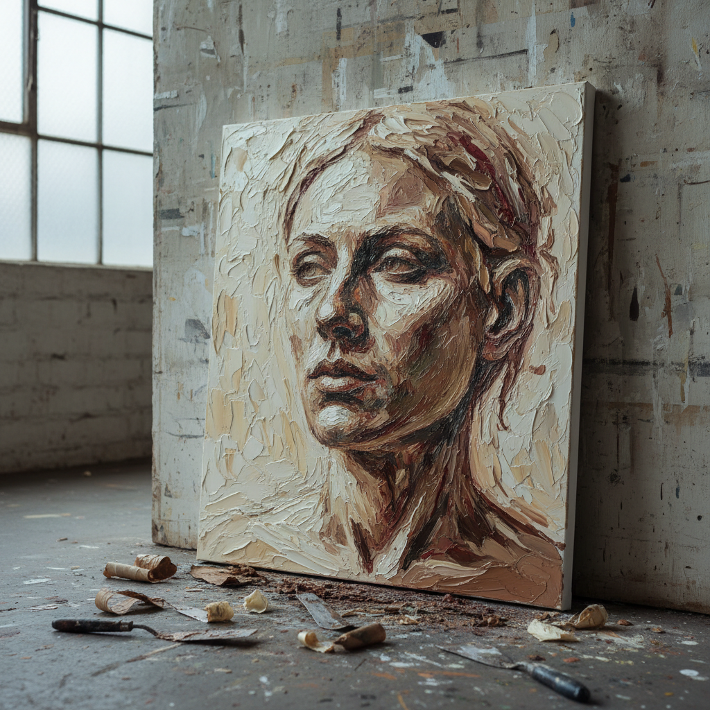 A thick, square canvas leans against a textured studio wall, its painted surface an almost-relief of impasto strokes forming a barely discernible profile in three-quarter view. Pigments of ivory, umber, and muted crimson are layered so heavily that ridges cast tiny shadows, blurring the border between painting and sculpture. At the canvas’s base, smeared palette knives and dried paint skins rest on a paint-splattered concrete floor. Cool, overcast daylight filters from a large industrial window to the left, giving a soft, even illumination that heightens the tactile quality of the paint. Photographic realism, shot close-up with a slight angle, emphasizing material depth, sophistication, and the idea of the human face emerging from raw matter.