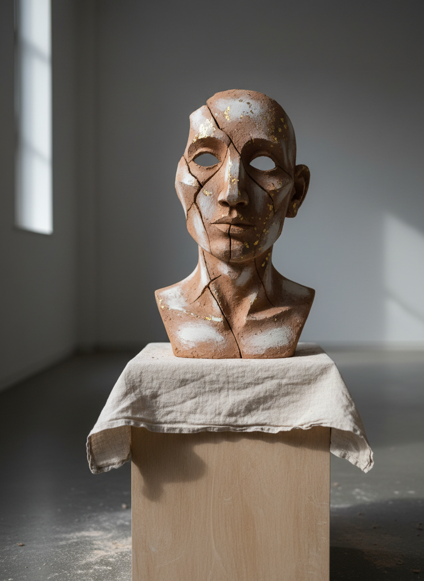 A fragmented clay bust with no facial features, only planes and fissures where eyes, mouth, and nose should be, emerges from a coarse linen-draped pedestal. The surface shows traces of fingers and sculpting tools, with raw terracotta, patches of white gesso, and subtle gold leaf accents catching the light. Set in a minimalist studio with a neutral grey wall and scattered dried clay dust on the floor. Soft side lighting from a high window creates deep, sculptural shadows and fine highlights along every crack. Photographic realism, shot at eye level with a shallow depth of field, emphasizes texture and materiality, evoking an introspective, sophisticated mood about the human figure through absence rather than presence.